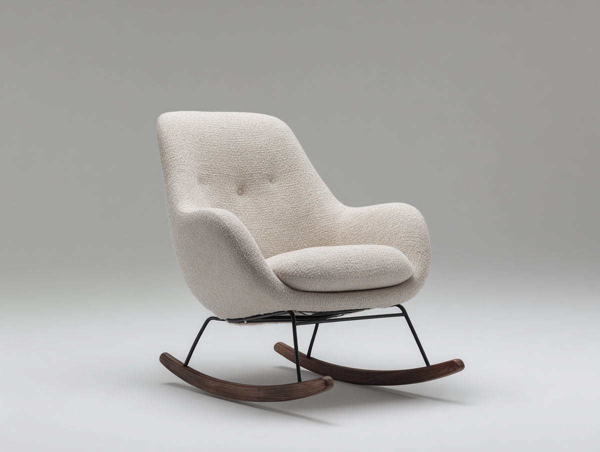 Mecedora de tejido bouclé metal y madera 75x90x100 cm - crema-negro-marrón oscuro - diseño moderno con base curva