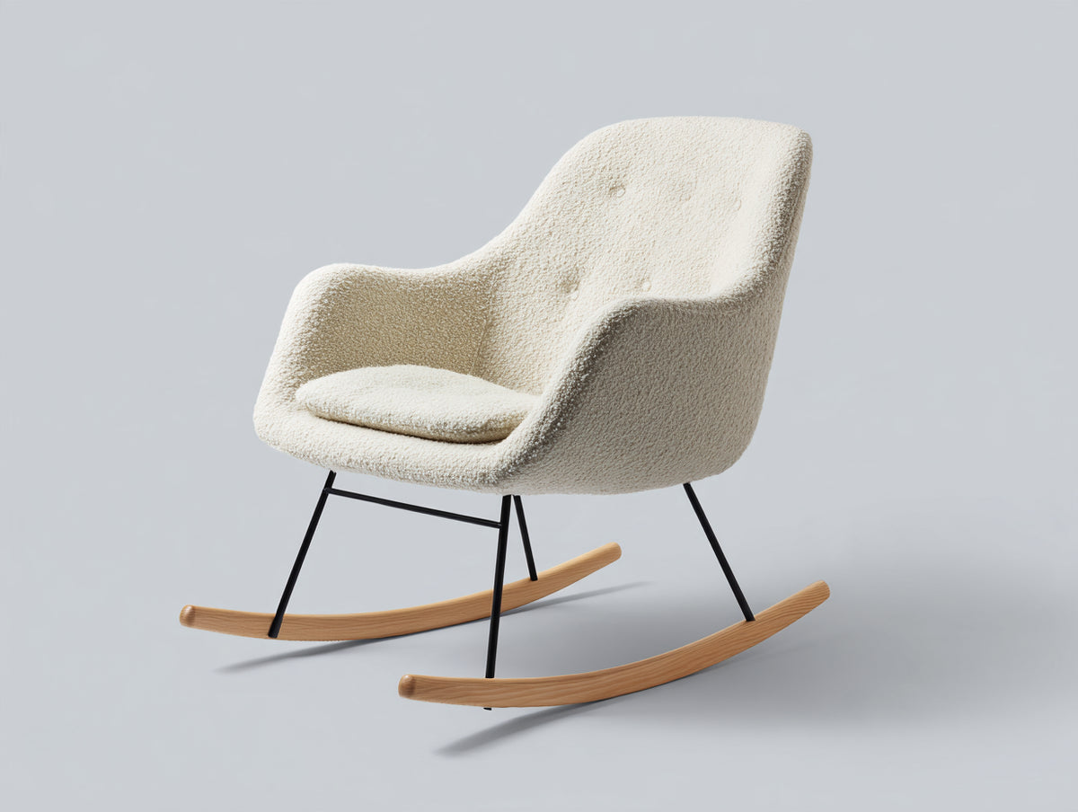 Mecedora de tejido bouclé metal y madera 74x90x98 cm - crema-negro-marrón claro - diseño moderno con base curva