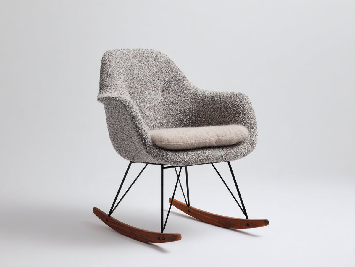 Mecedora de tejido bouclé metal y madera 74x88x96 cm - gris-crema-negro-marrón oscuro - diseño moderno con base curva