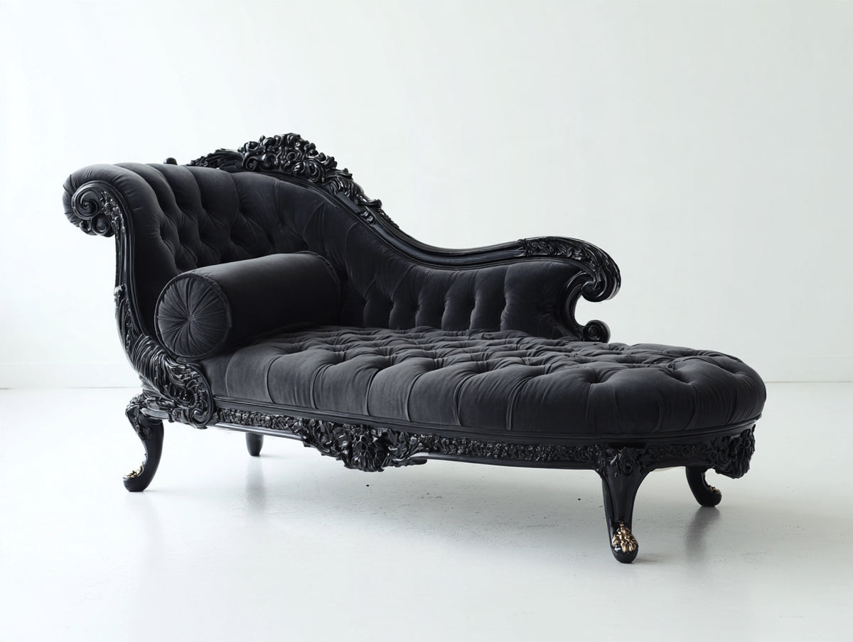 Chaise longue de terciopelo 190x78x92 cm - negro - diseño clásico con capitoné y detalles ornamentales