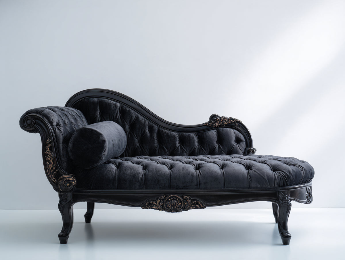 Chaise longue de terciopelo 188x80x94 cm - negro-dorado - diseño clásico con capitoné y detalles ornamentales