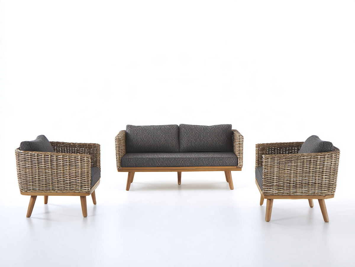 Sofás de exterior conjunto de 3 piezas 160x78x78 cm - marrón-gris oscuro - diseño tejido con cojines