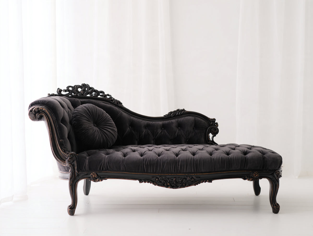 Chaise longue 210x90x105 cm - negro-marrón oscuro - diseño clásico capitoné con talla ornamental