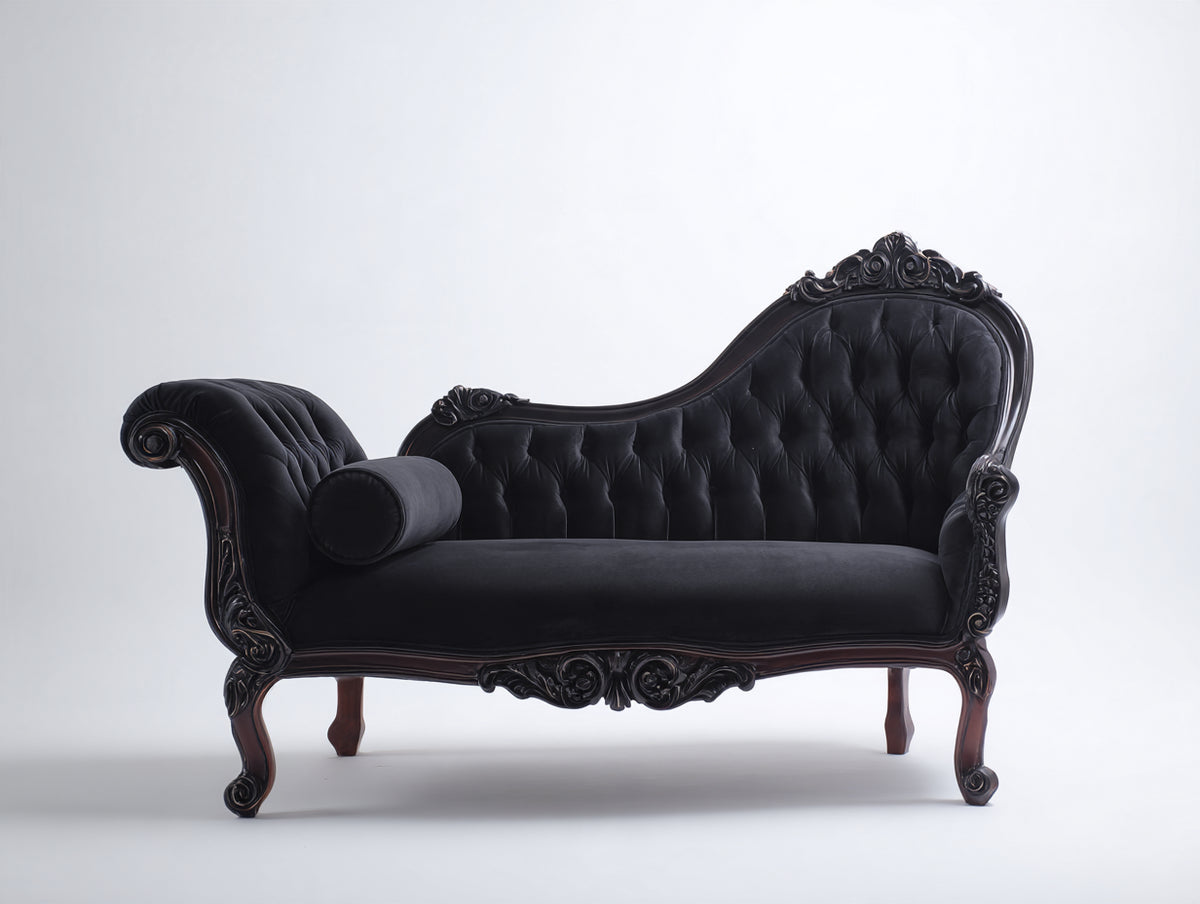 Chaise longue de terciopelo 185x80x100 cm - negro - diseño clásico capitoné con estructura tallada