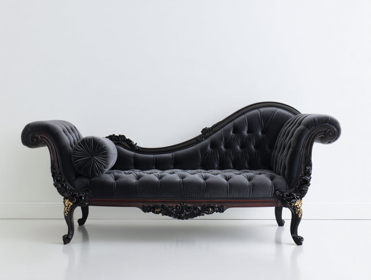Chaise longue 205x88x100 cm - negro-marrón oscuro-dorado - diseño clásico capitoné con doble brazo enrollado