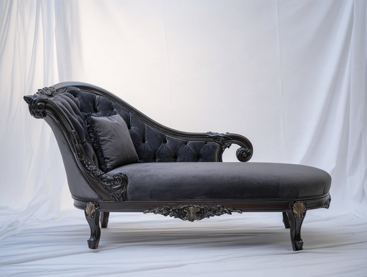 Chaise longue 190x82x98 cm - gris oscuro-negro - diseño clásico capitoné con detalles ornamentales