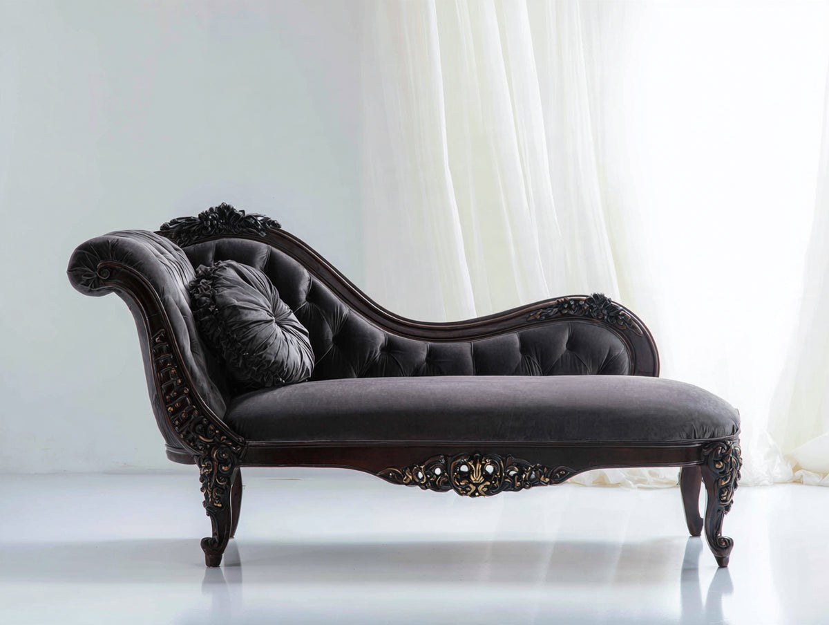Chaise longue de terciopelo 185x75x95 cm - Gris oscuro-Marrón oscuro - Estilo clásico capitoné