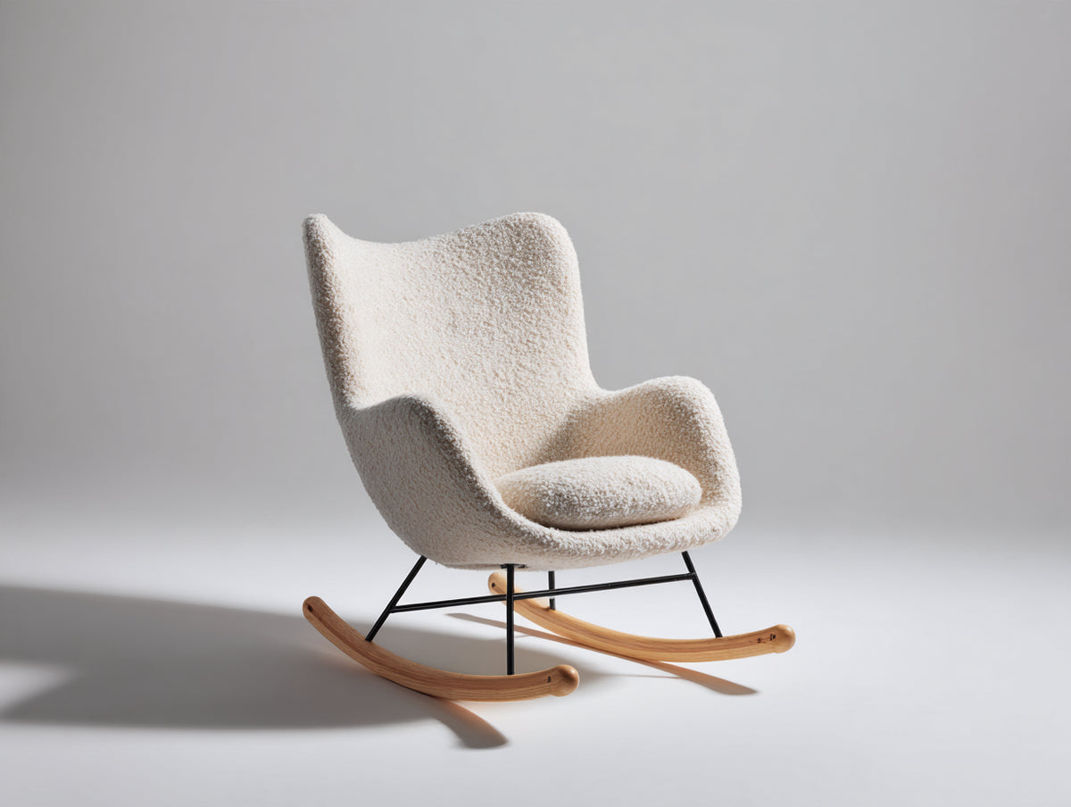 Mecedora tapizada 79x91x103 cm - Blanco crema-Marrón - Respaldo alto y patines curvos