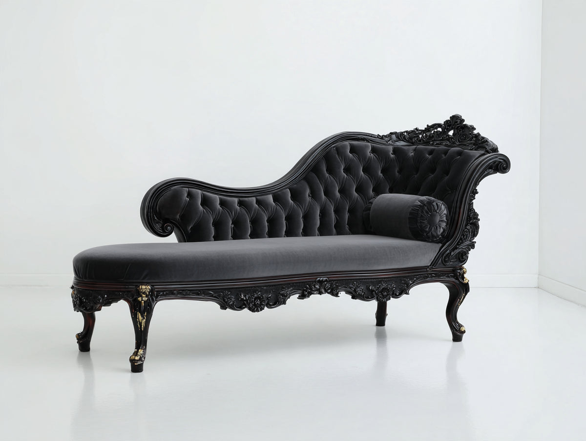 Chaise longue de terciopelo 190x78x98 cm - Negro-Gris oscuro - Estilo clásico capitoné
