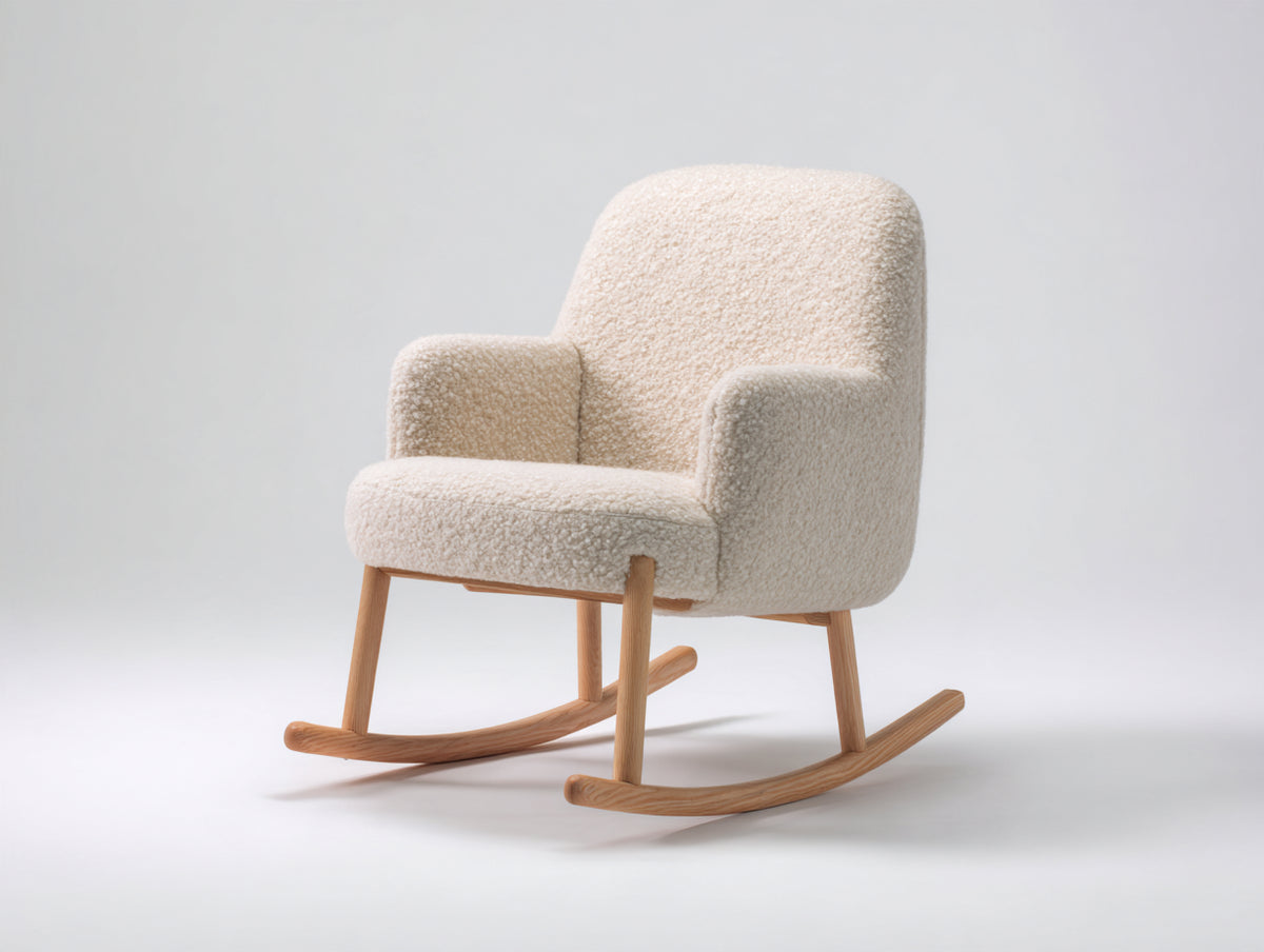 Mecedora de tejido bouclé y madera 72x88x98 cm - crema-marrón claro - diseño moderno con base curva