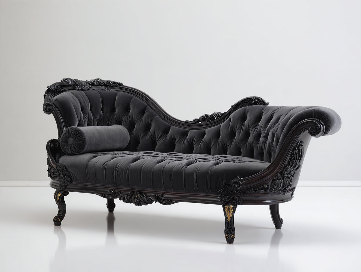 Chaise longue de terciopelo 210x85x95 cm - negro - diseño clásico capitoné con estructura tallada