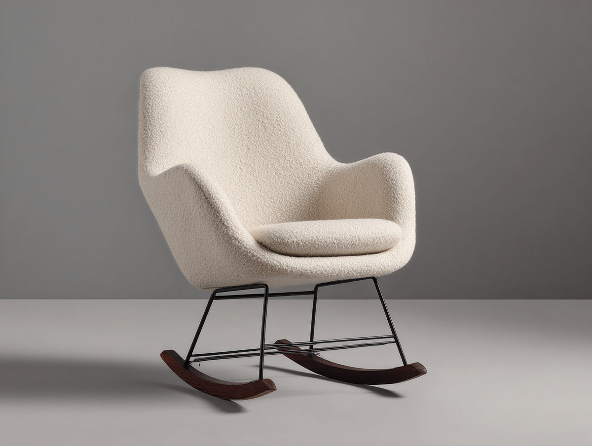 Mecedora de tejido bouclé metal y madera 75x90x98 cm - crema-negro-marrón oscuro - diseño moderno con base curva