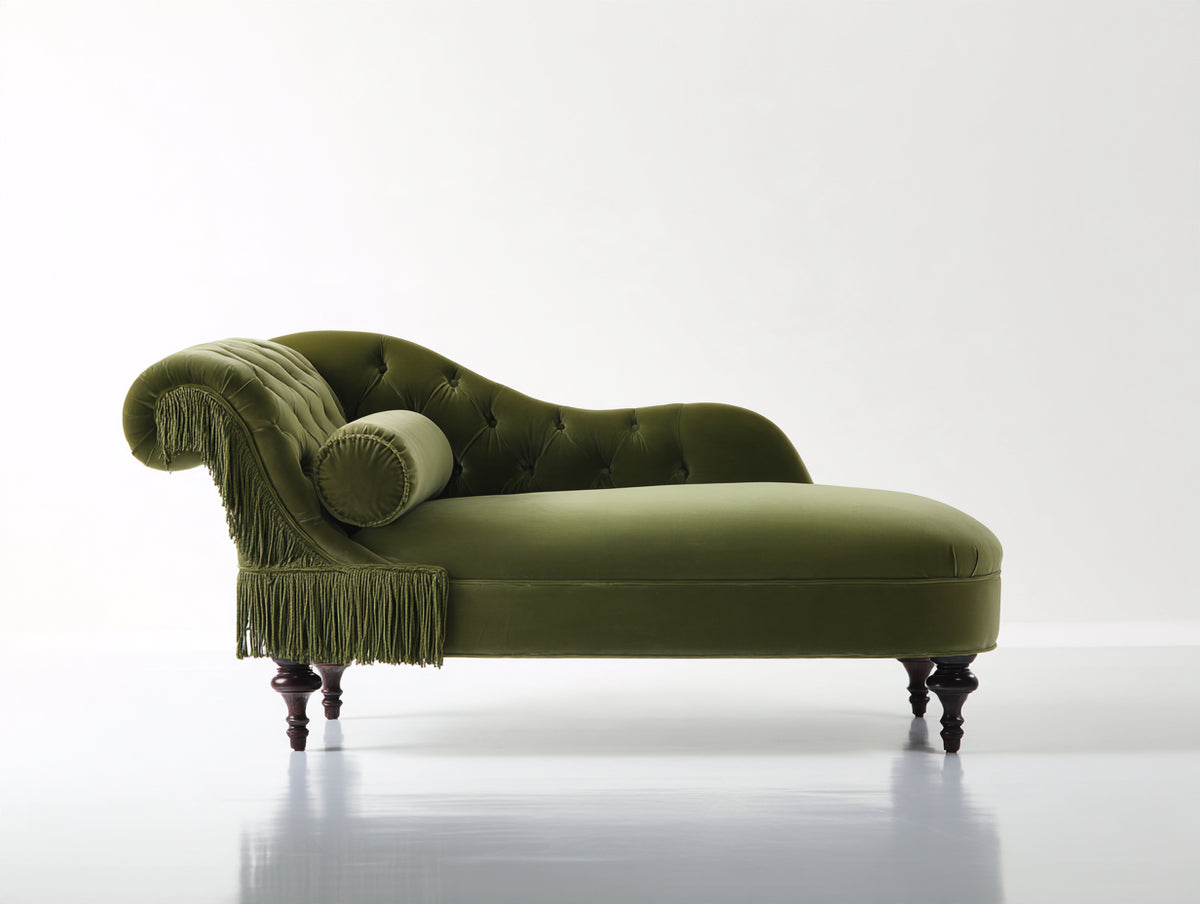 Chaise longue de terciopelo 175x75x90 cm - verde oliva-marrón oscuro - diseño clásico con capitoné y flecos